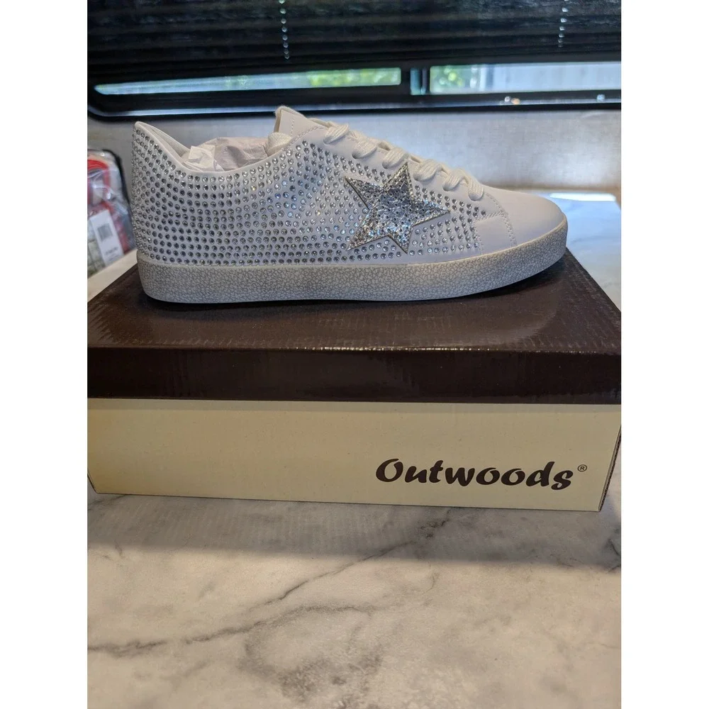 Outwoods Goddess-2 Sneakers Wo 10 White Silver New Rhinestone Glitter Star Shoes